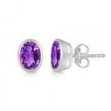 Sterling Silver Amethyst Oval Stud Earrings