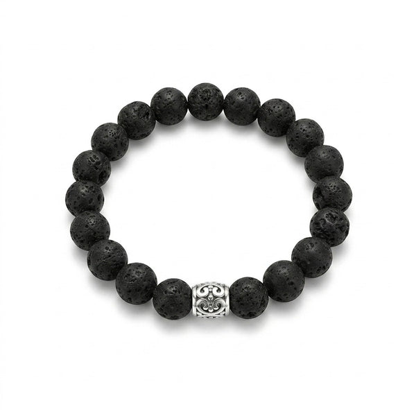 Amali Jules UK matte black lava stone beaded bracelet with an intricate handmade sterling silver focal bead.