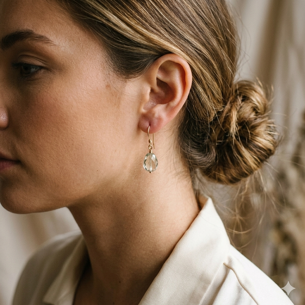 9ct Gold Faceted Green Amethyst Drop Earrings