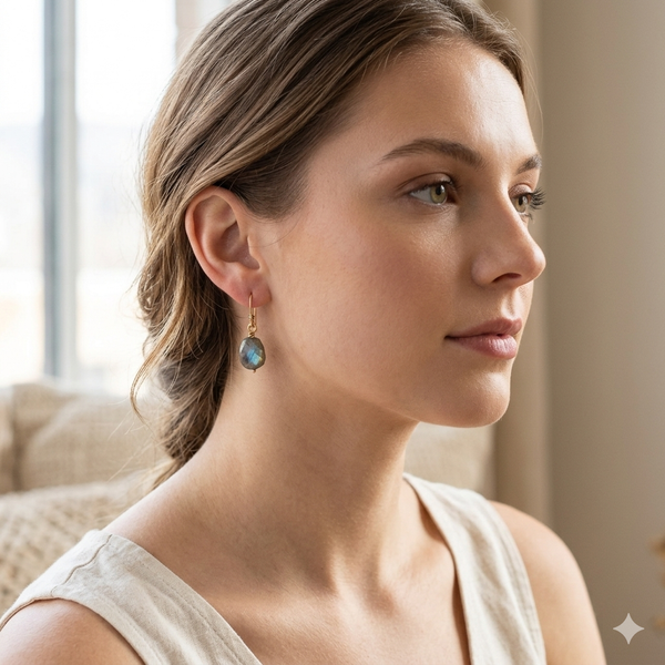 Celestial Aurora: Hand-Wrapped Labradorite 9ct Drop Earring