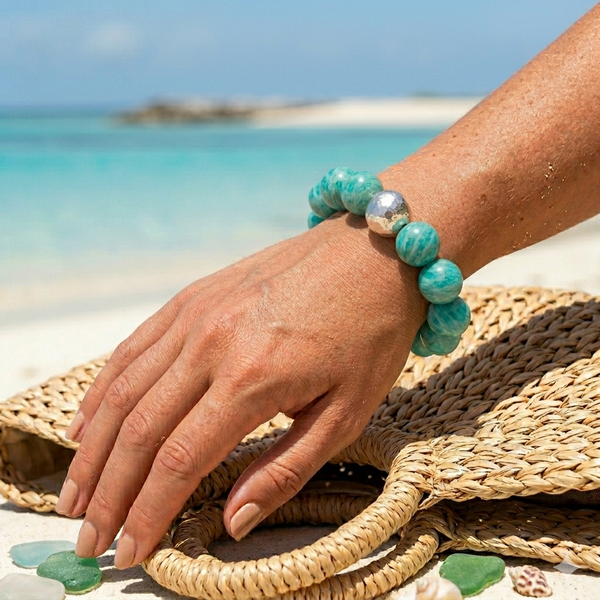 Premium 14mm Amazonite & Hammered Sterling Silver Stretch Bracelet