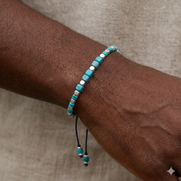 Natural Turquoise & Sterling Silver Square Bead Drawstring Bracelet