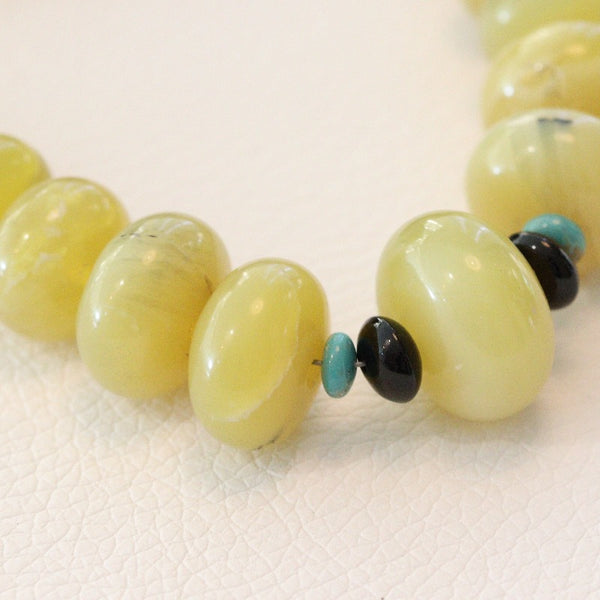 Yellow Opal, Turquoise, Onyx & Sterling Silver Bead Necklace