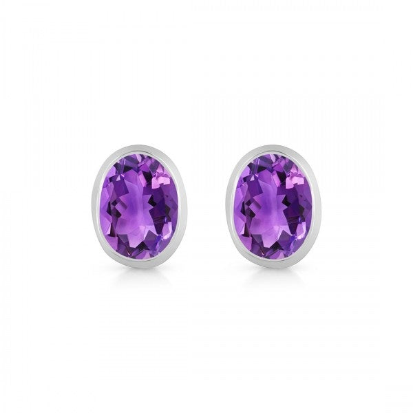 Sterling Silver Amethyst Oval Stud Earrings